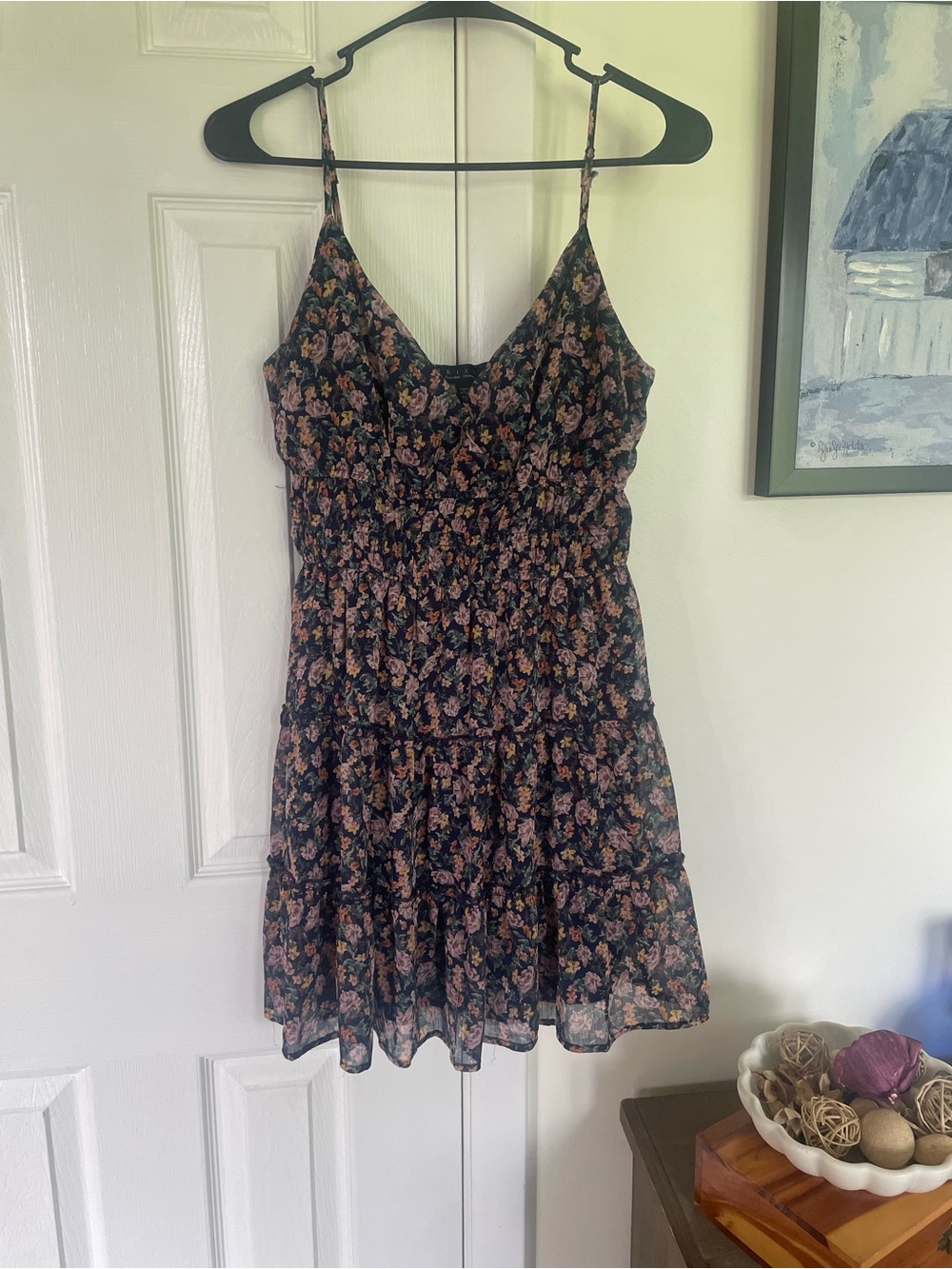 Trixxi Floral Tiered Spaghetti-Strap Dress - Black with Pink & Green Floral M